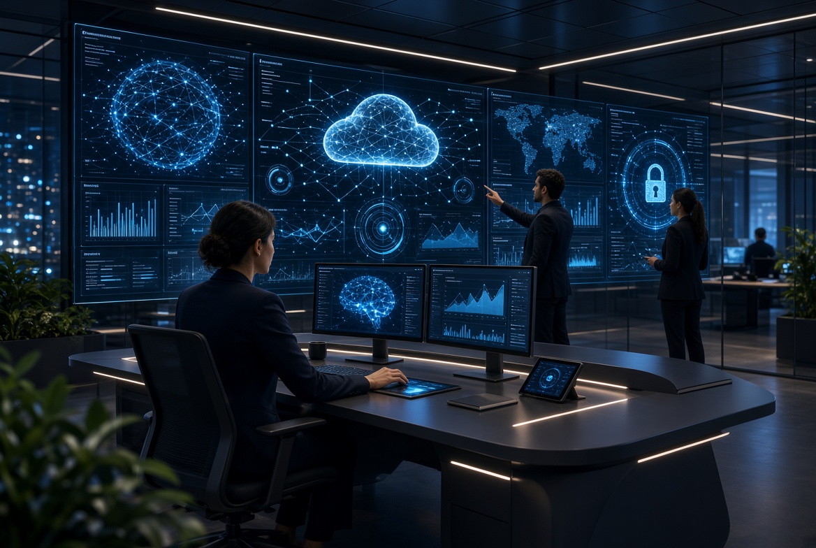 A futuristic digital technology workspace featuring an advanced AI-powered platform, professional users interacting with multiple connected dashboards, cloud computing, artificial intelligence, automation workflows, data visualization, secure digital networks, modern SaaS interface, sleek enterprise environment, cinematic lighting, photorealistic, ultra-detailed, premium technology concept, 16:9 aspect ratio, 8K Ultra HD, no text, no logos, no watermark